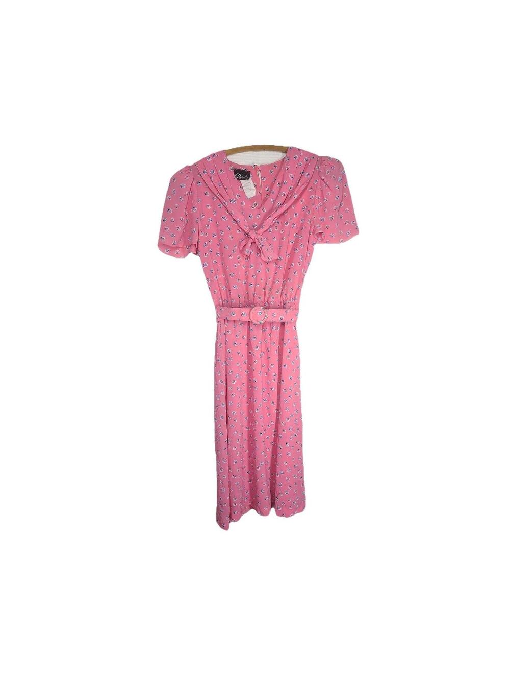 Vtg 80s Pink Crepe Calico Dress Floral Scarf Neck wBelt NOS Retro Office Casual